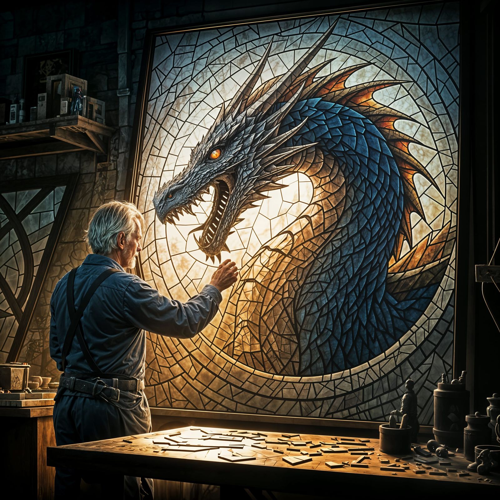 Elderly Craftsman Creates Majestic Dragon Stained-Glass Mosa...