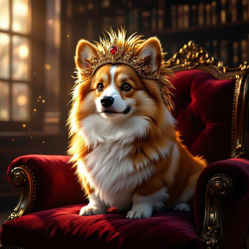 Regal Corgi in Lion's Mane on Velvet Cushion
