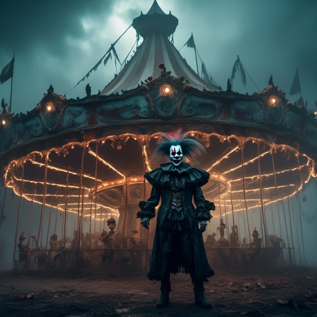 Creepy Clown at Abandoned Carousel in Horror Style