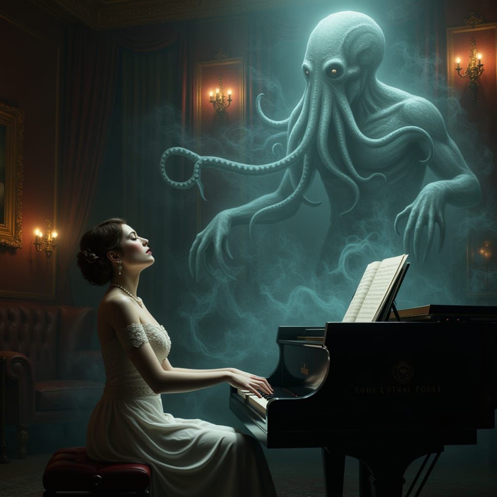 Victorian Woman's Haunting Melody with Lovecraftian Horror