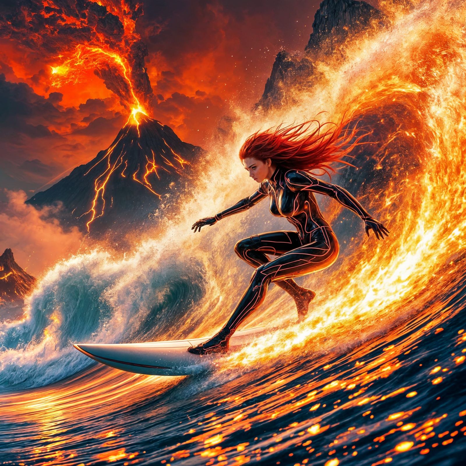 Anime Girl Rides Lava Surfboard Through Blazing Volcanic Wav...