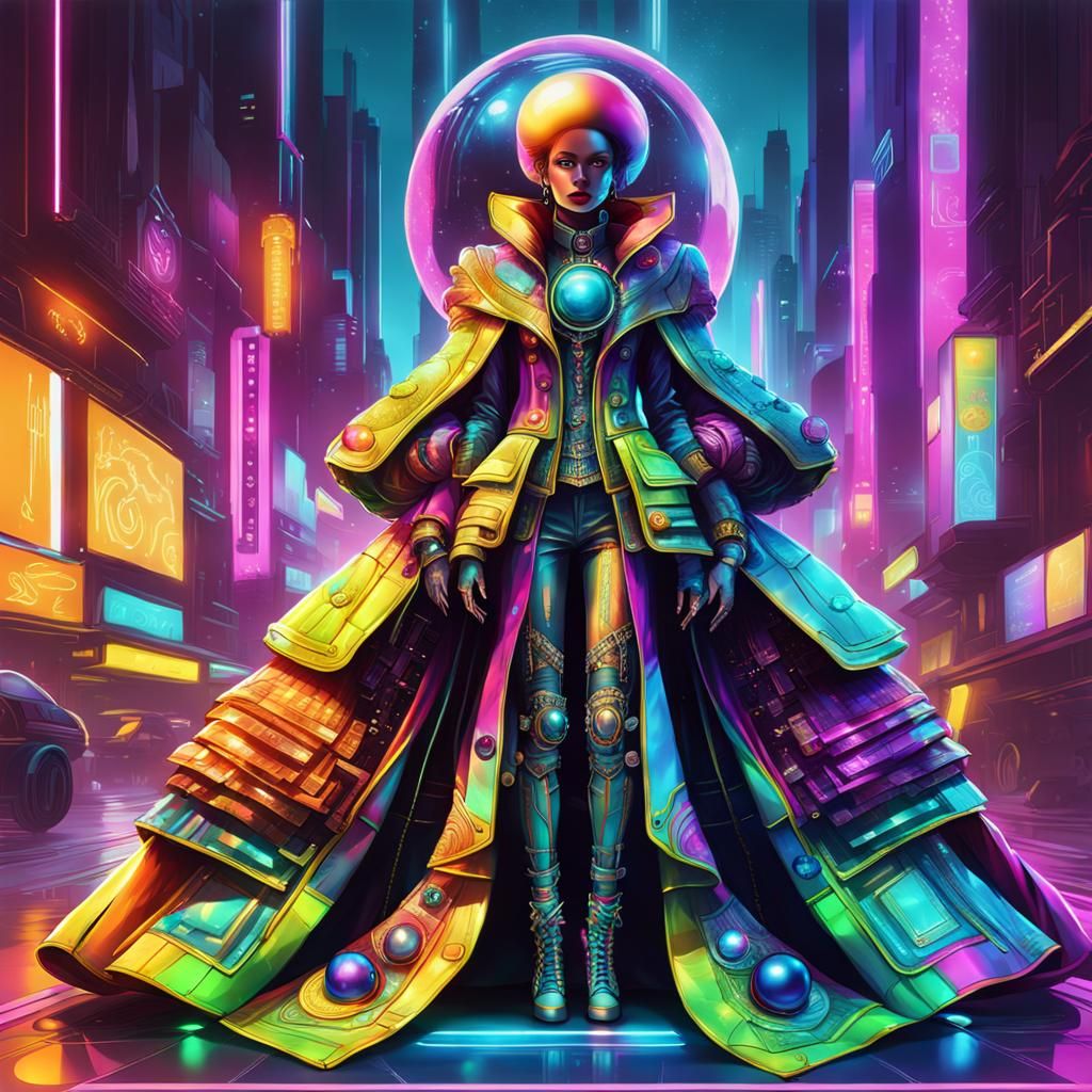 Cyberpunk Aristocrat in Neon Garment with Spheres