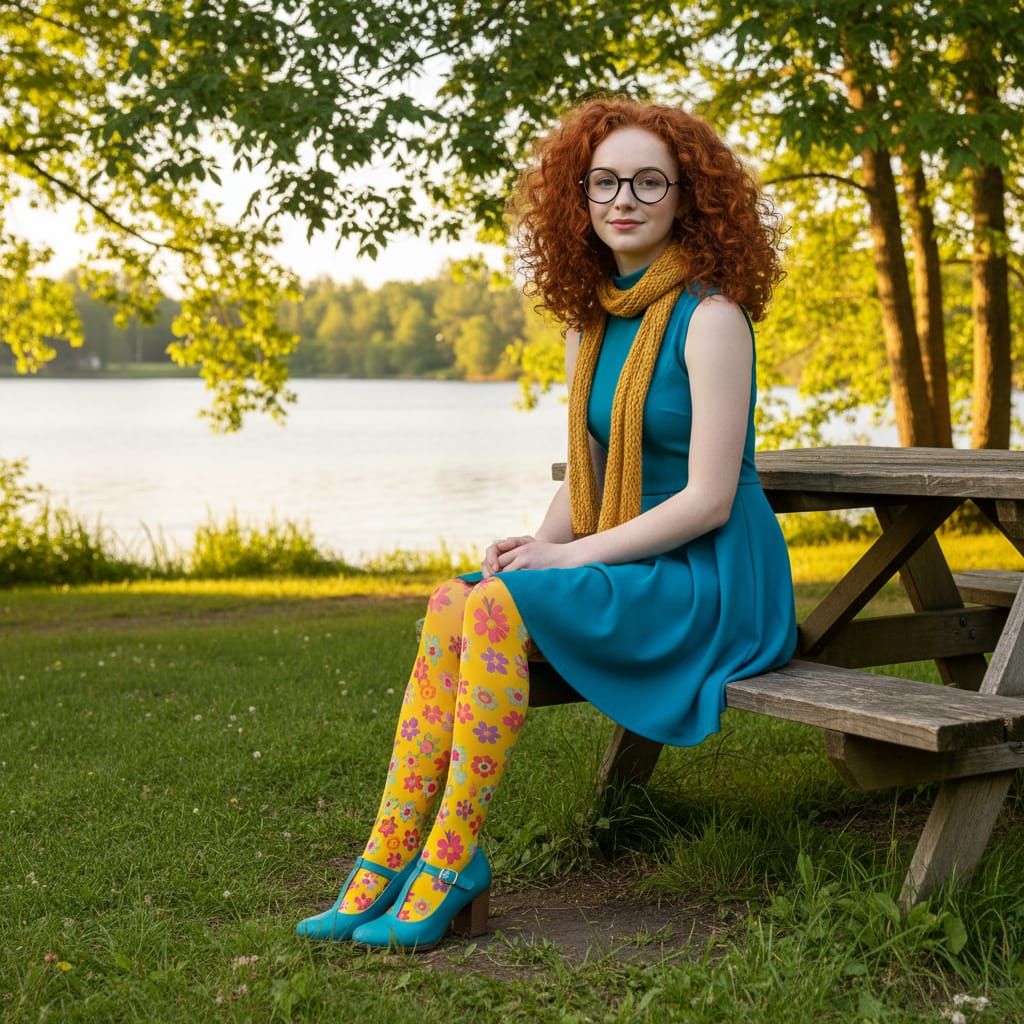 Teenager in Teal Dress with Floral Tights in Park
