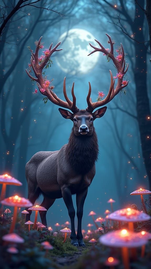 Majestic Stag in Moonlit Forest with Glowing Flowers and Mus...