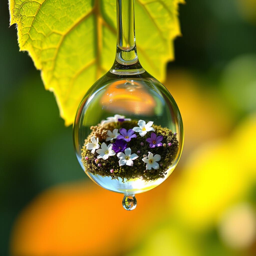 Water Drop with Moss and Flowers: Hyperrealistic Macro