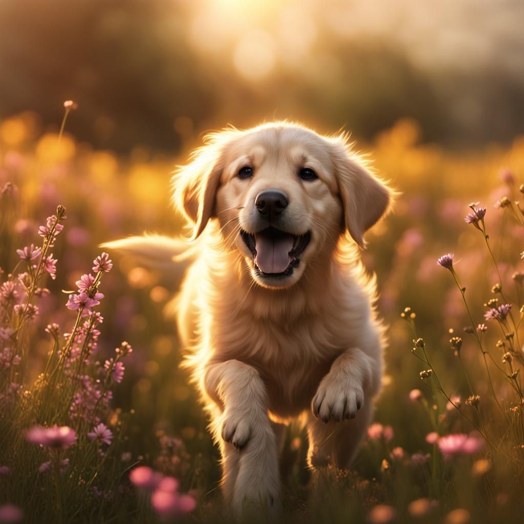 Joyful Golden Retriever Puppy in Wildflower Field