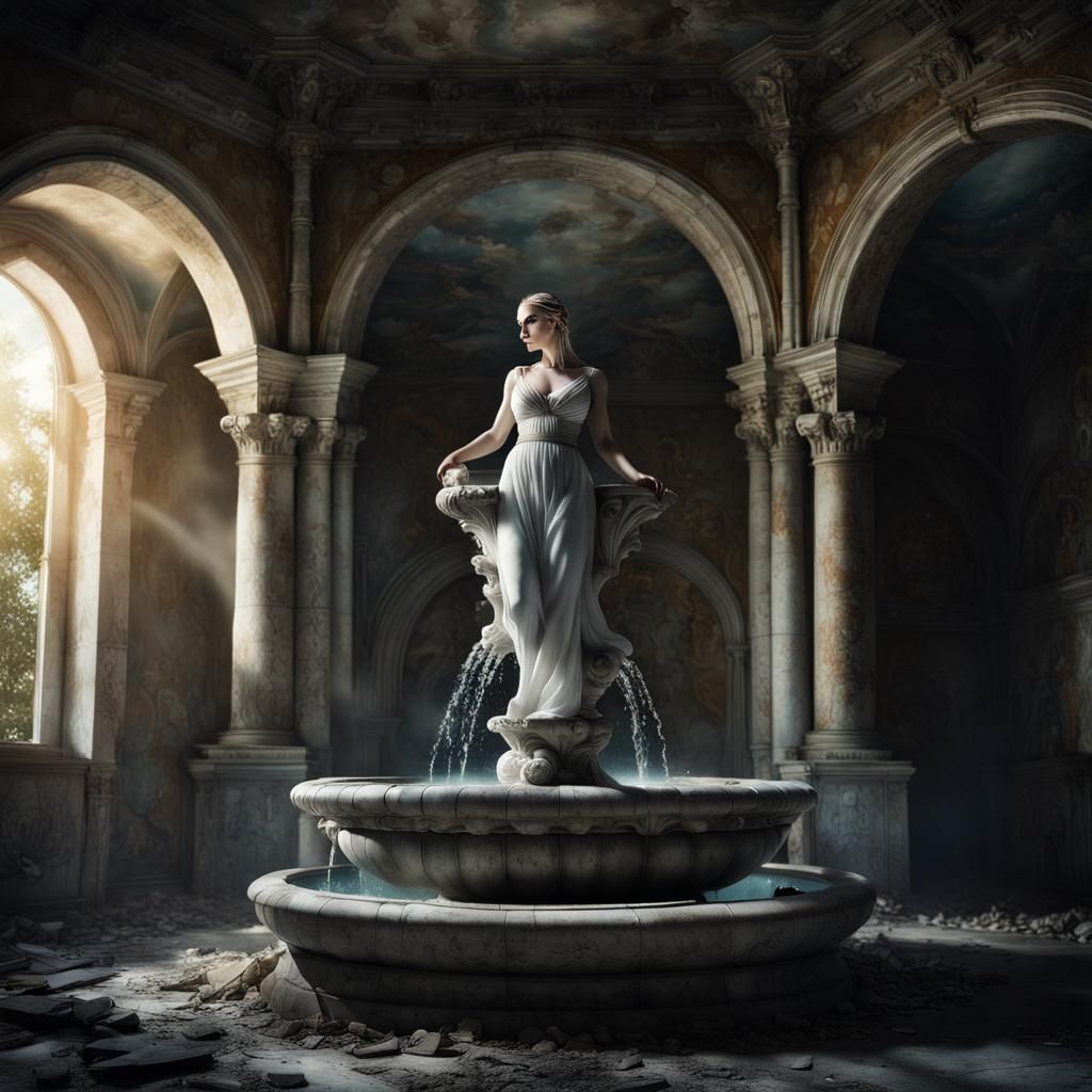 Illuminated Marble Fountain in Abandoned Castle