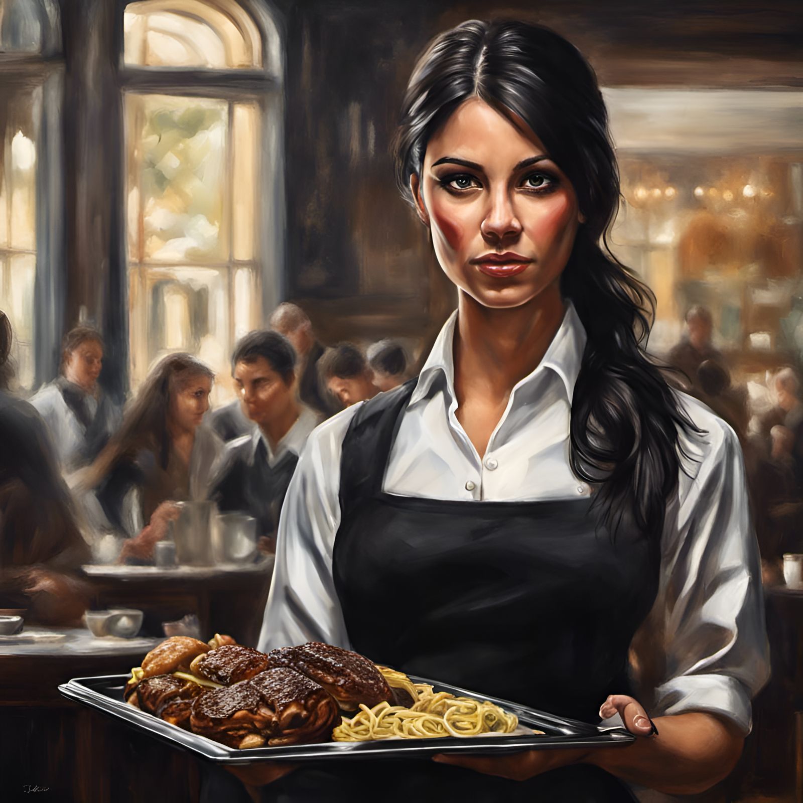Hyperrealistic Painting of Dark-Haired Waitress with Tray