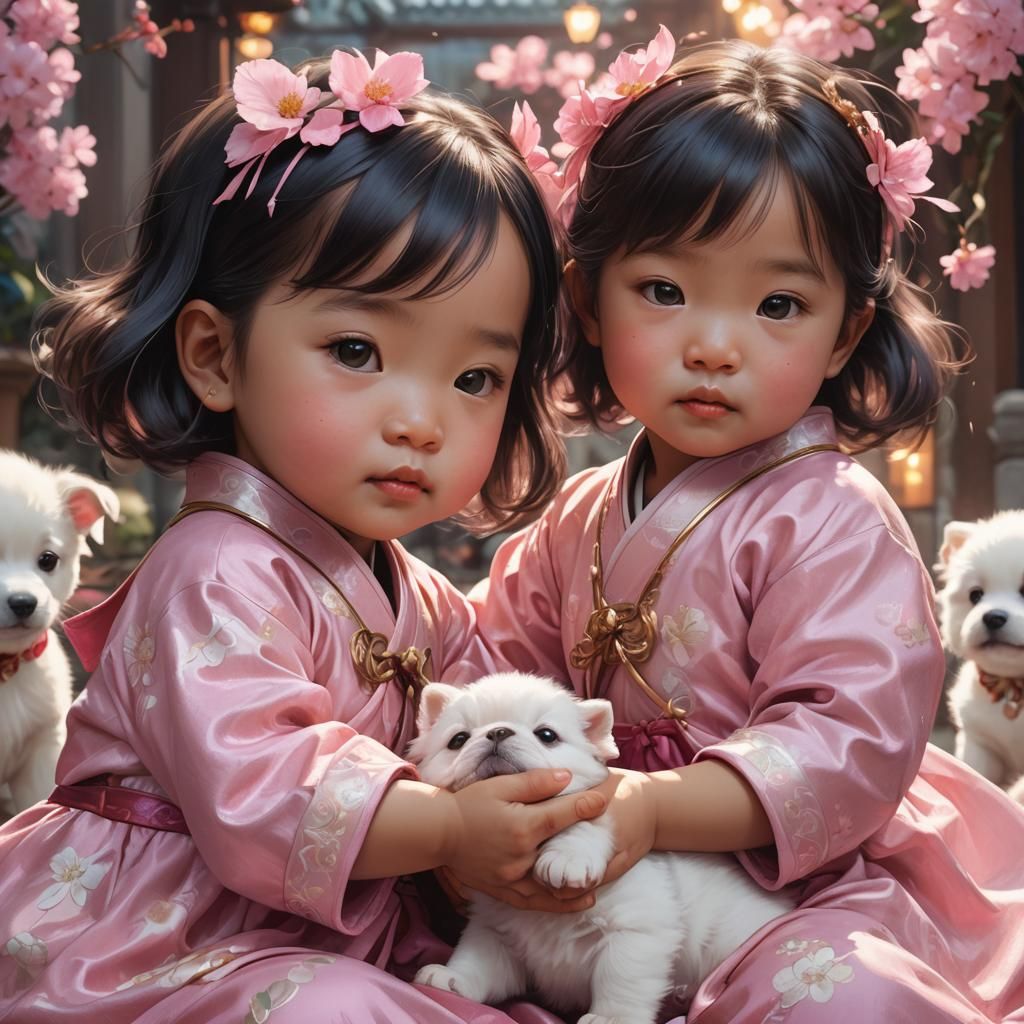 Cute Asian Baby Girls Playing with Puppy, Hyperdetailed Art