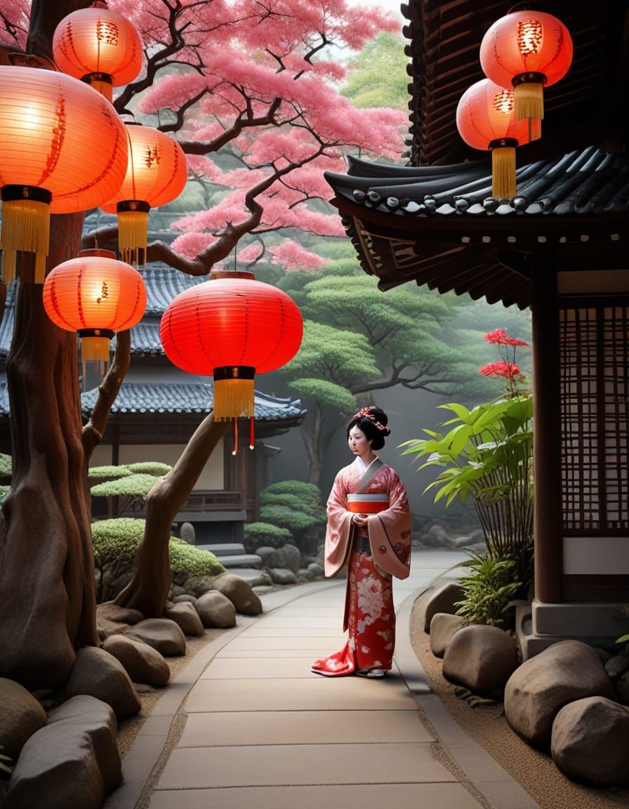 Geisha and Dragon in Shinto Shrine: Oil Painting