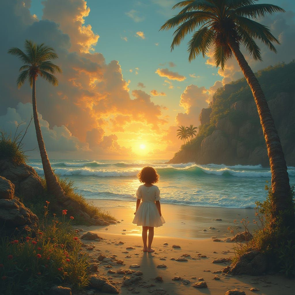 Figure Rising from Stormy Sea with Glowing Hair