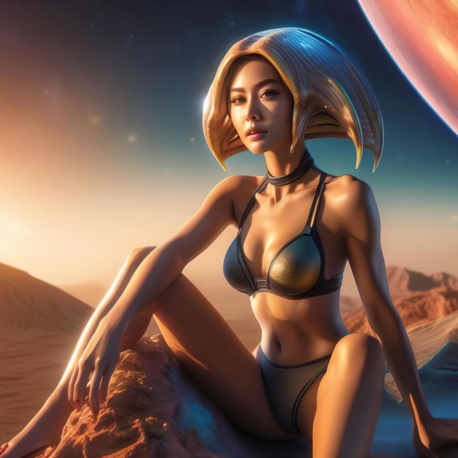Beautiful Alien Model in Bikini on Planet