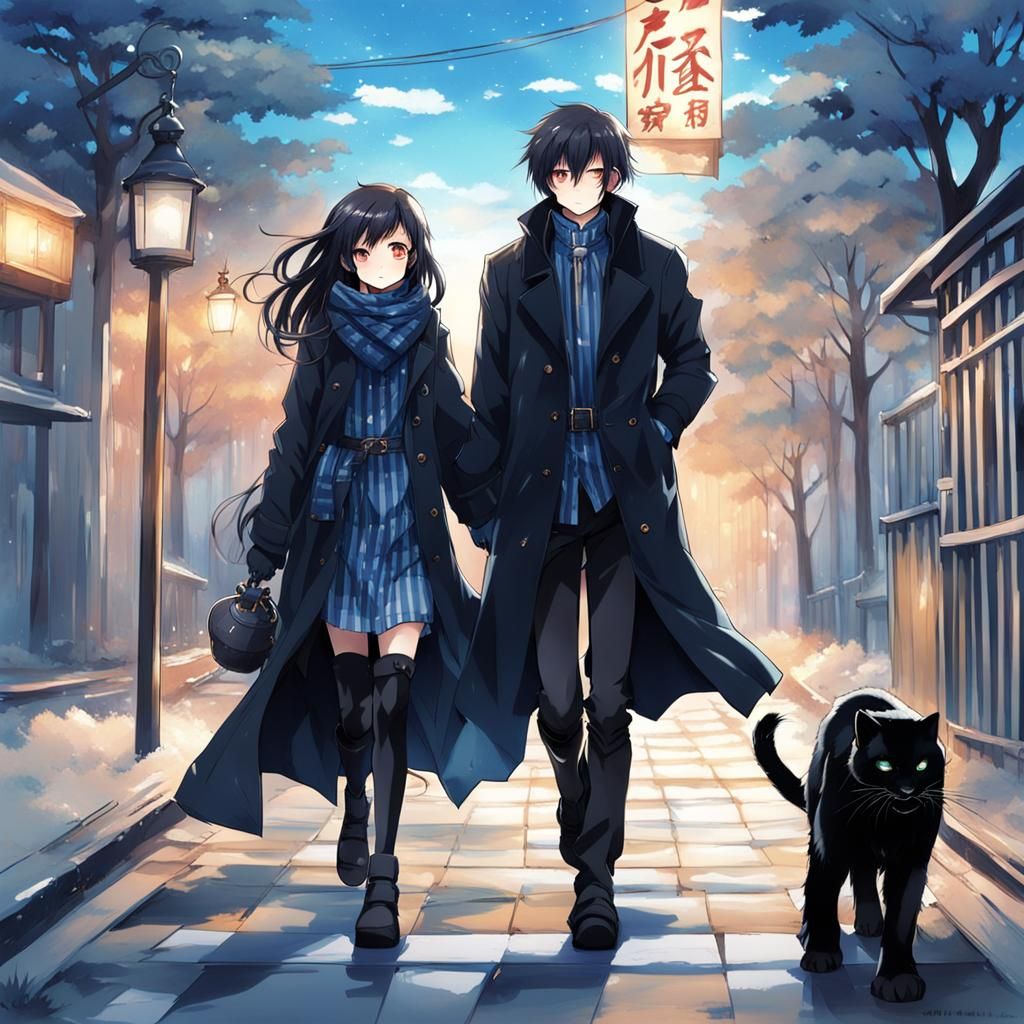 Anime Style: Woman Walking Panther with Boyfriend
