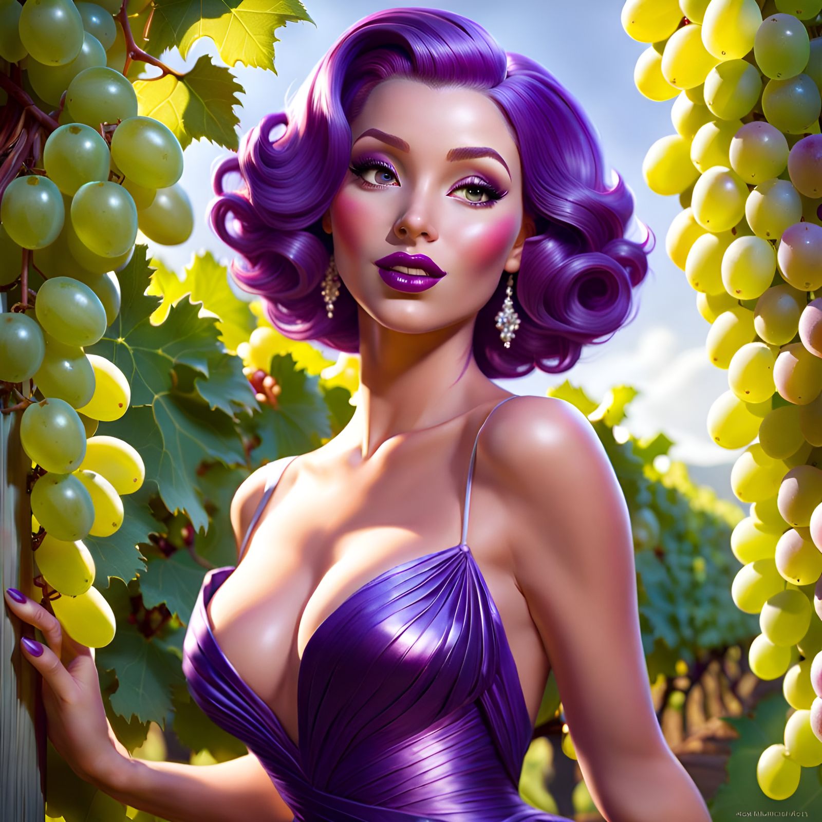 Gorgeous Purple-Haired Woman Surrounded by Grapes