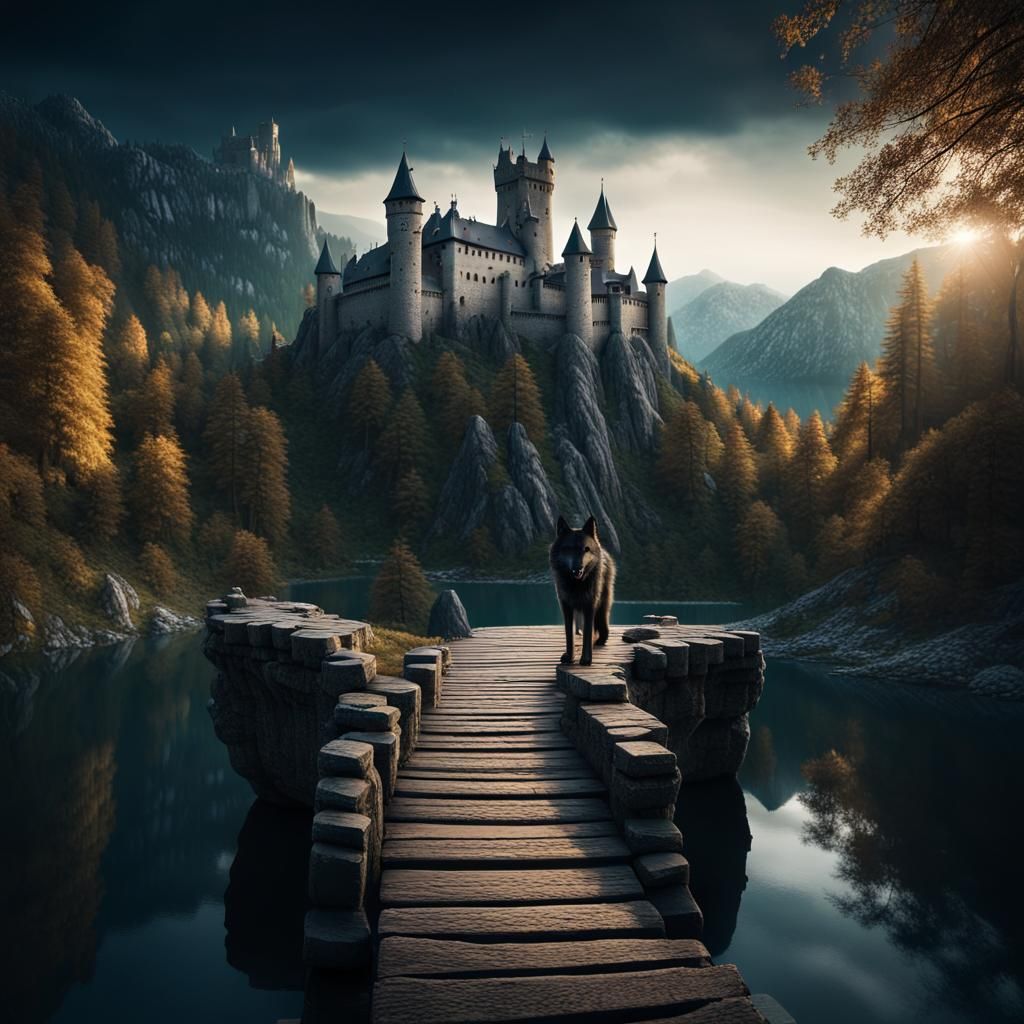 Epic Medieval Castle with Black Wolf at Night