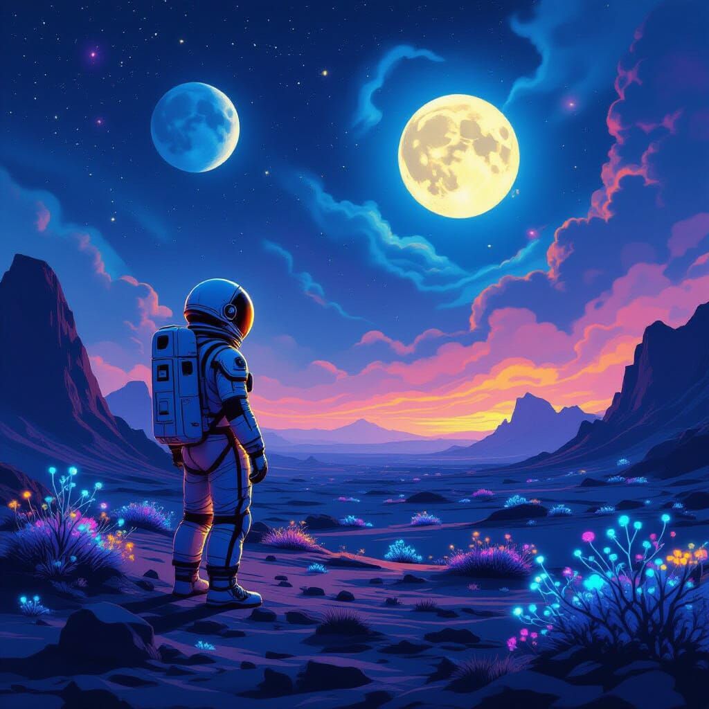 Astronaut on Alien Planet with Twin Moons in Nebula