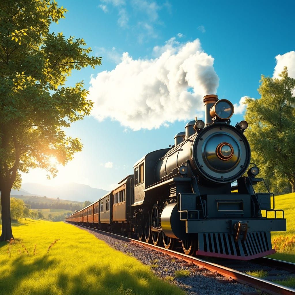 Majestic Steam Locomotive in Vibrant Summer Landscape