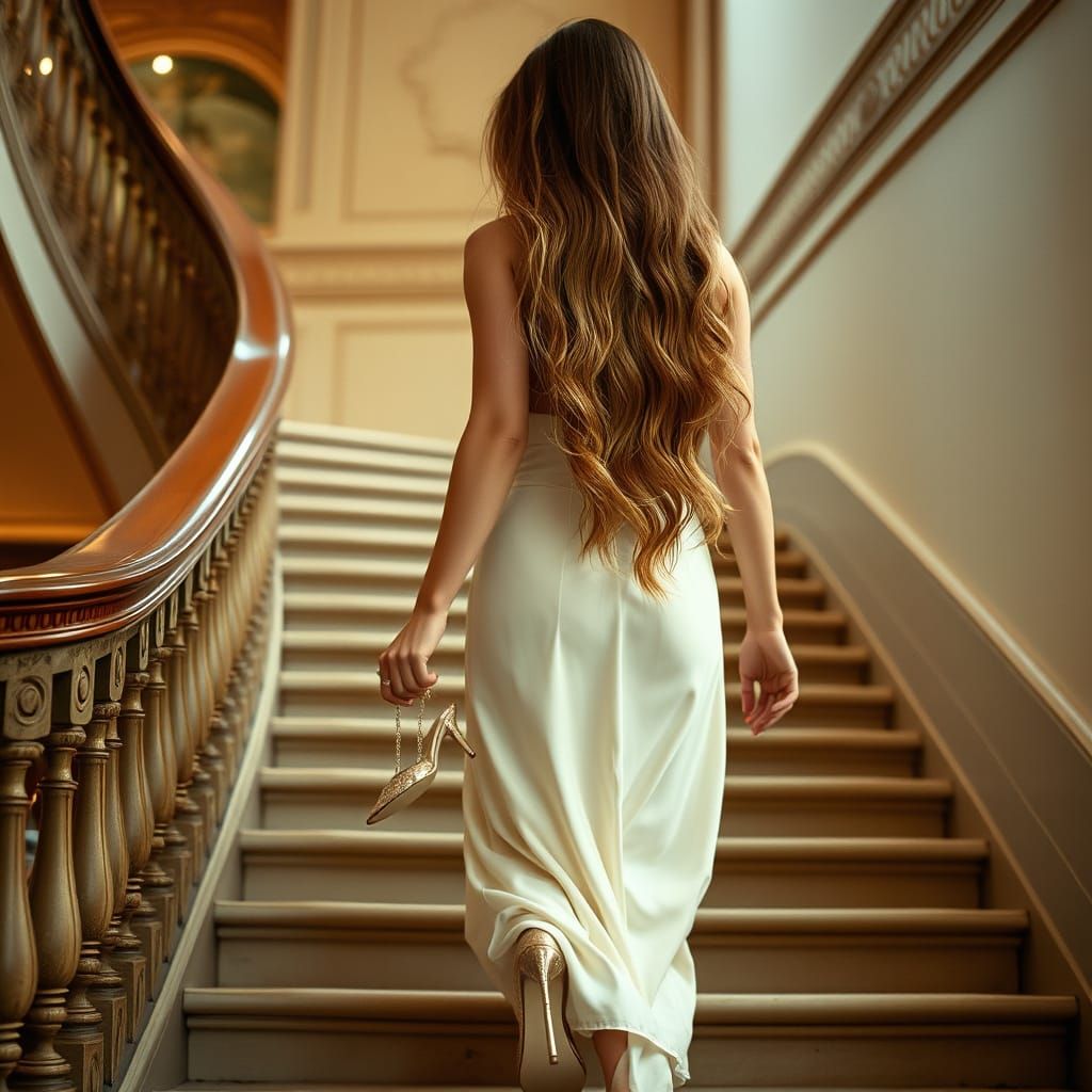 Elegant Woman Descends Grand Staircase in Artistic Pose
