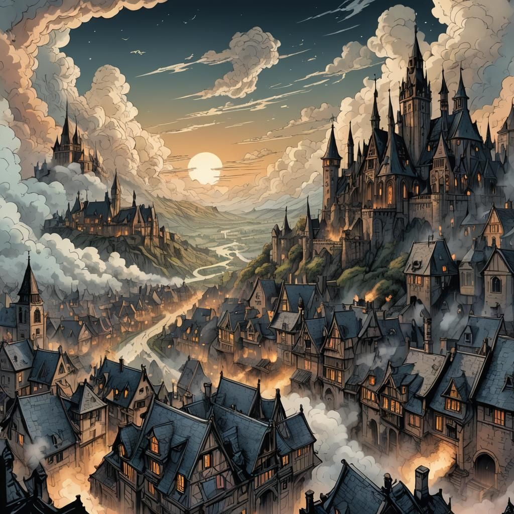 Gothic Village Panoramic View in Retro D&D Style
