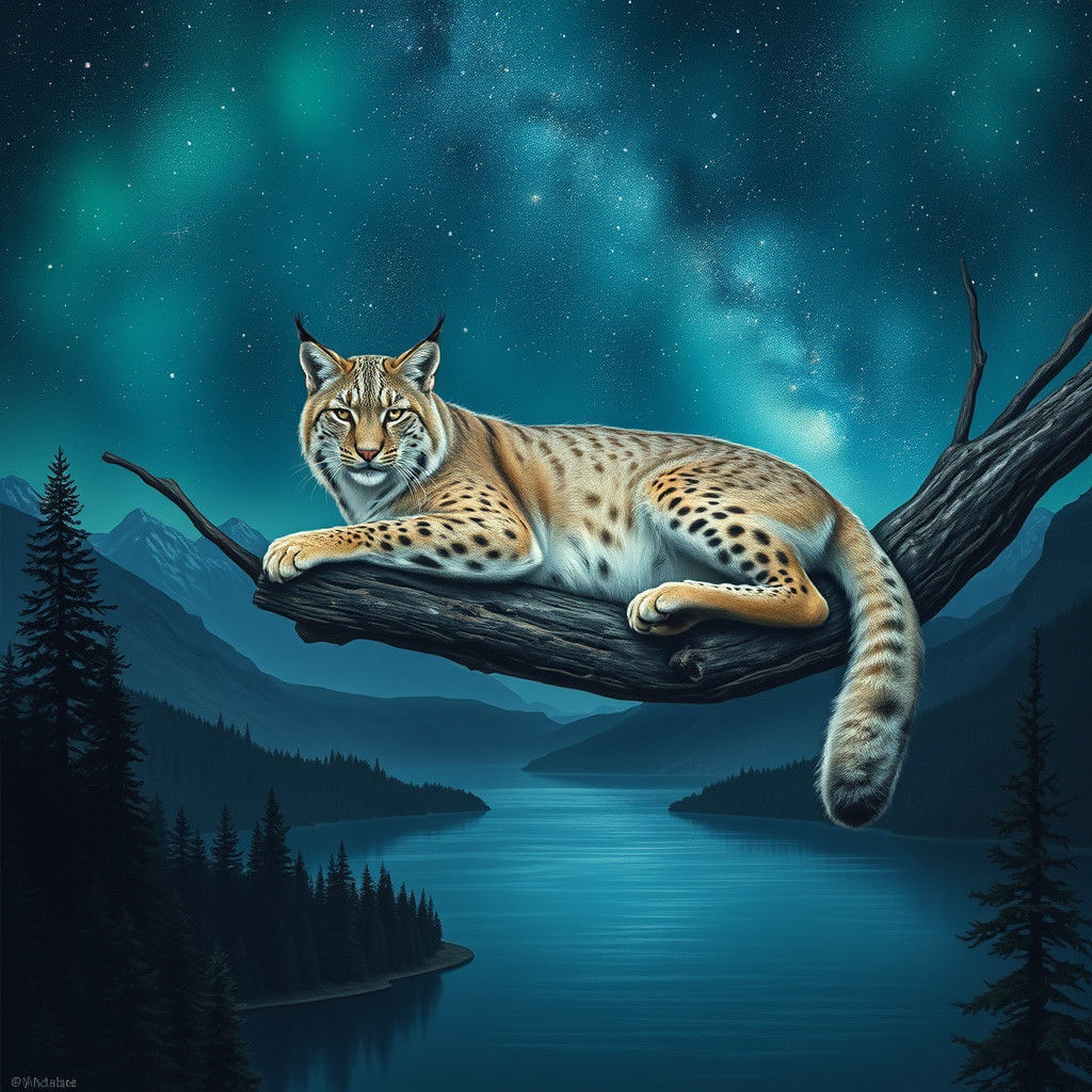 Silver Lynx Asleep Under Northern Lights