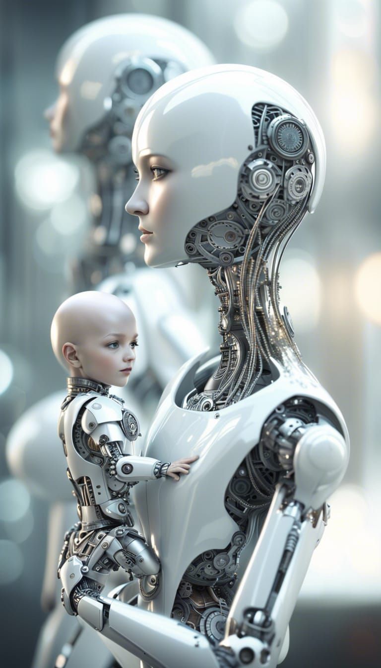 Robotic Family: Android Baby Held by White Metal Robot