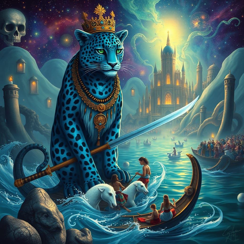 Blue Leopard Shaman Paddling Celestial Ocean