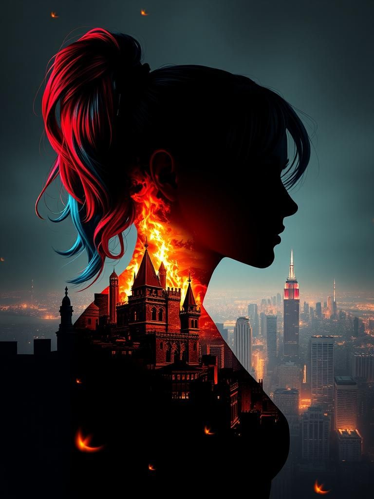 Fiery Harley Quinn Double Exposure Silhouette