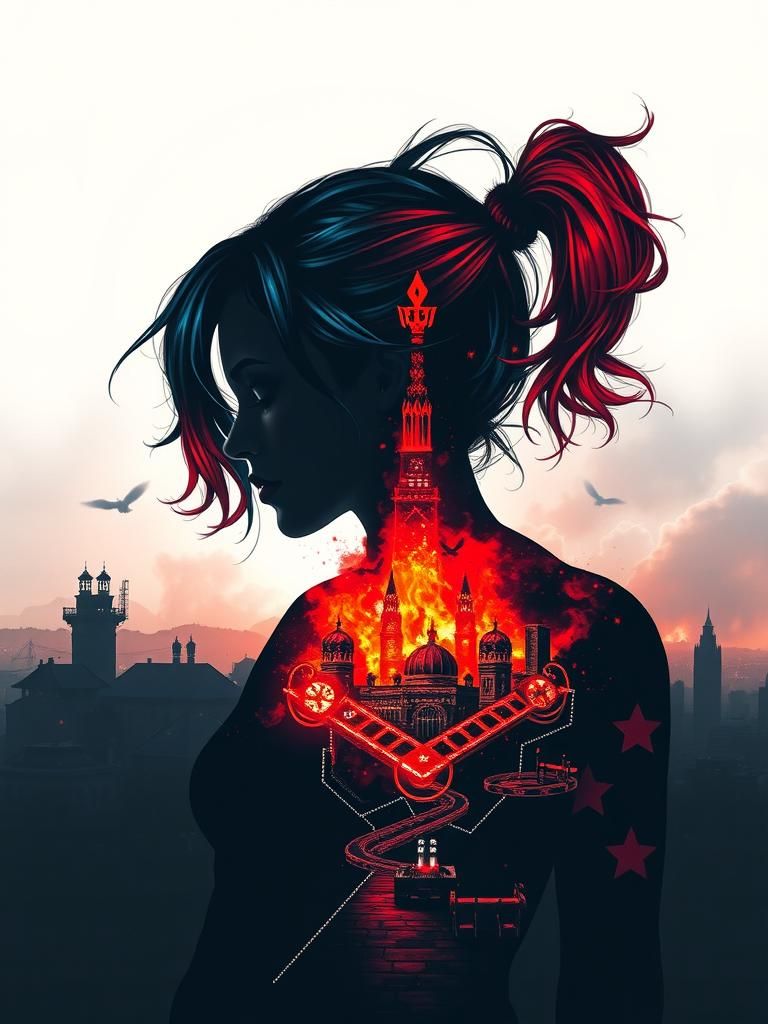 Harley Quinn Double Exposure Silhouette in Fiery Colors