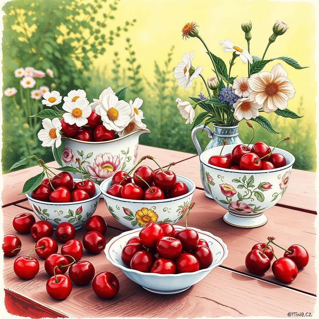 Cherry Still Life in Watercolor Linocut Style