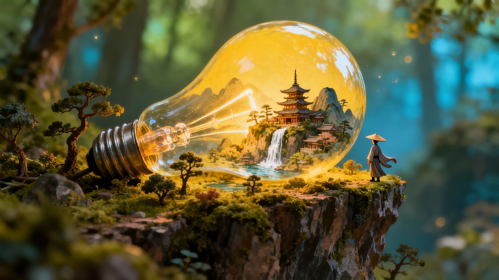 Japanese Landscape Inside Lightbulb on Cliff