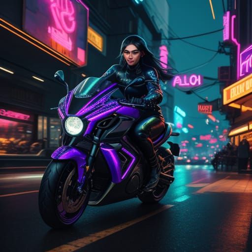 Young Woman Rides Motorcycle Through Neon City at Dusk