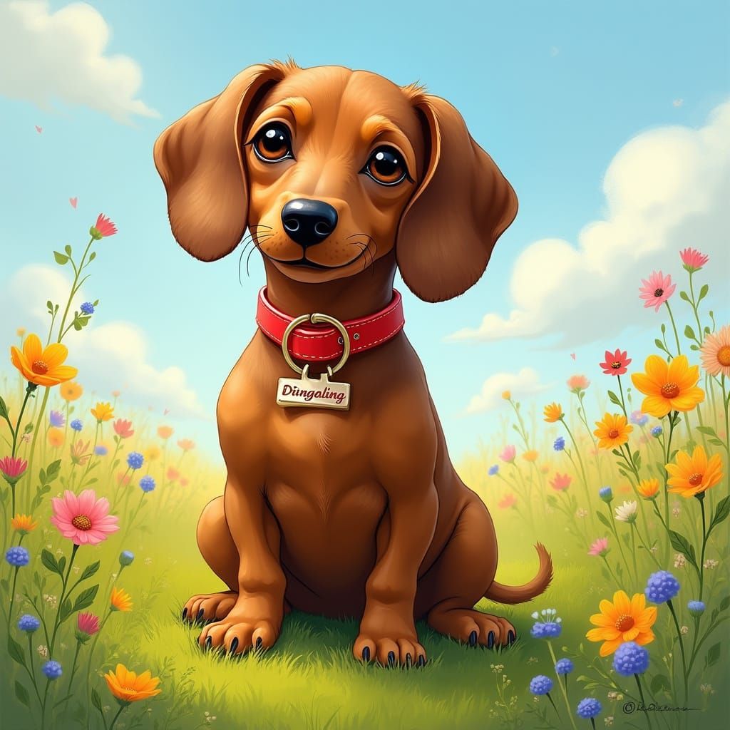 Wiener Dog in Whimsical Summer Scene