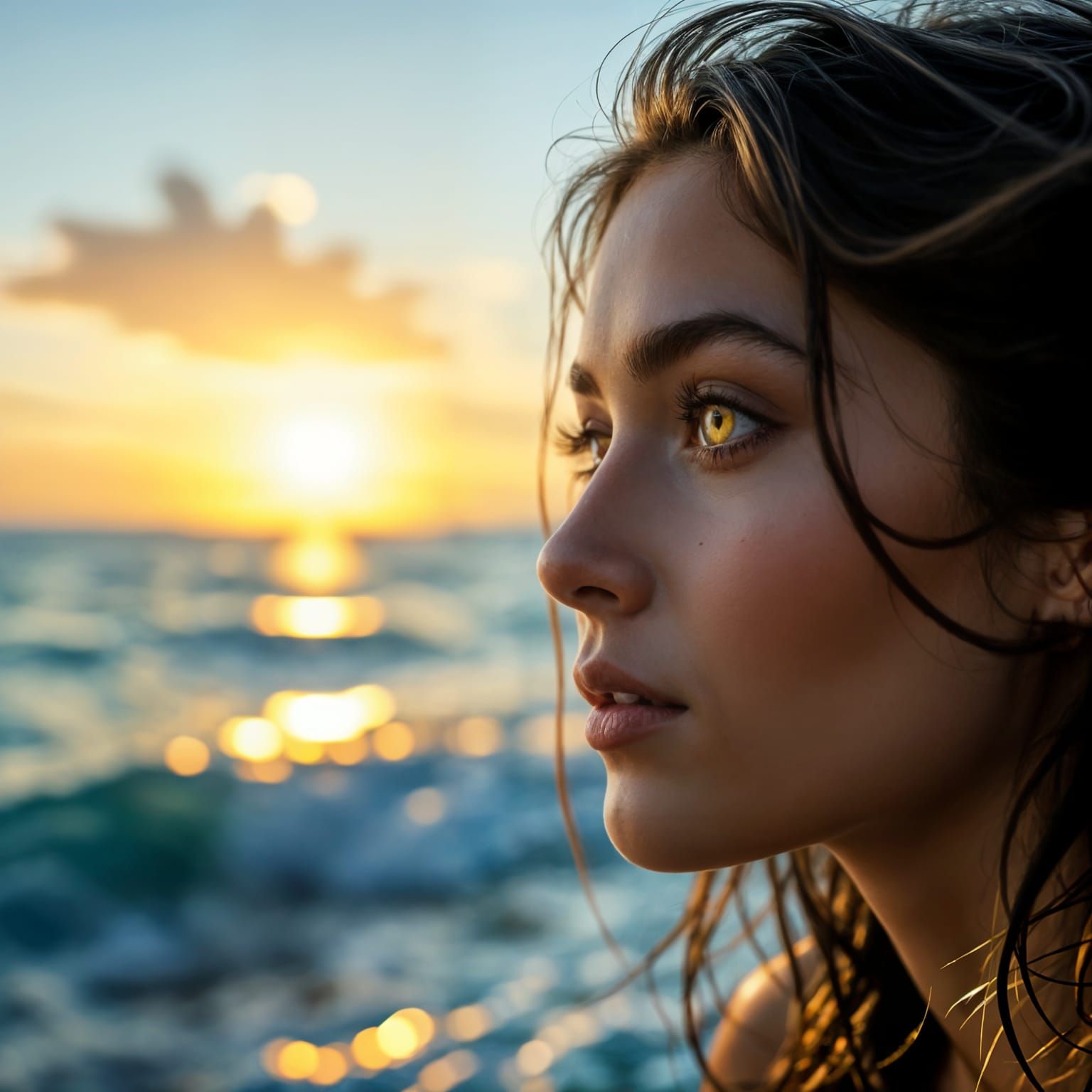 Woman with Yellow Eyes Gazing at the Sea