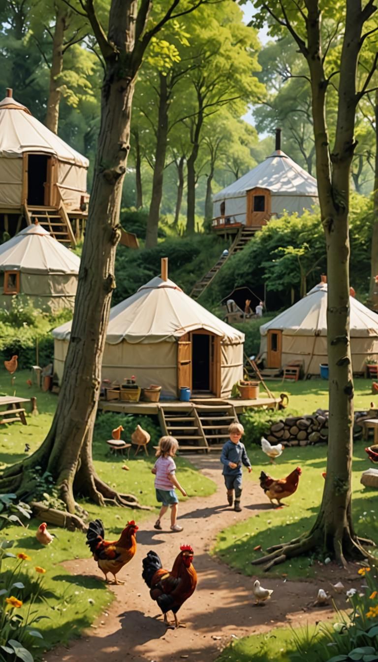 Idyllic Woodland Campsite Scene with Playing Children