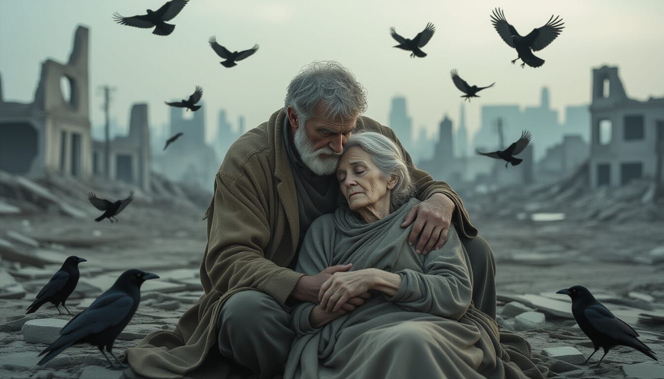 Post-Apocalyptic Scene with Elderly Couple and Crows