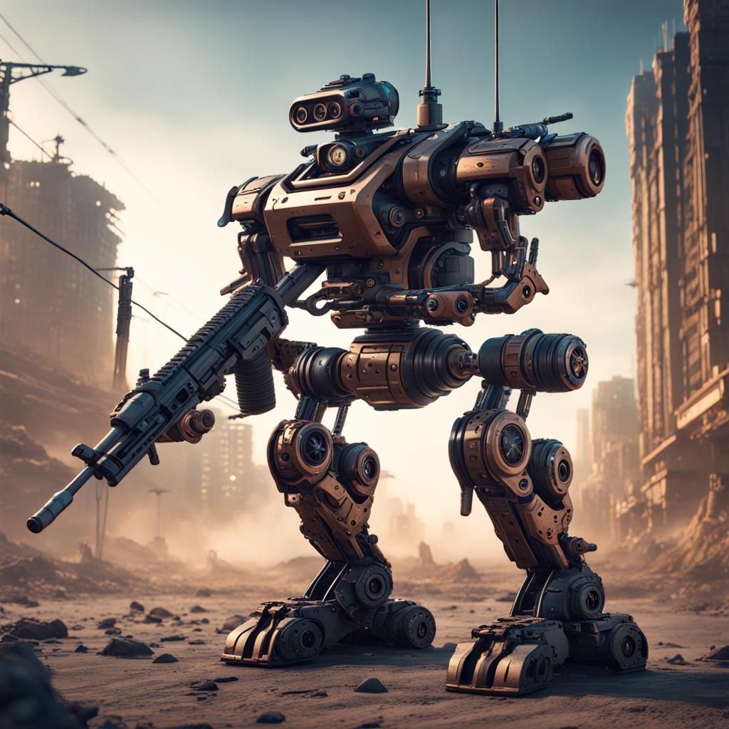 Sniper Robot with Four Guns: Detailed Matte Painting