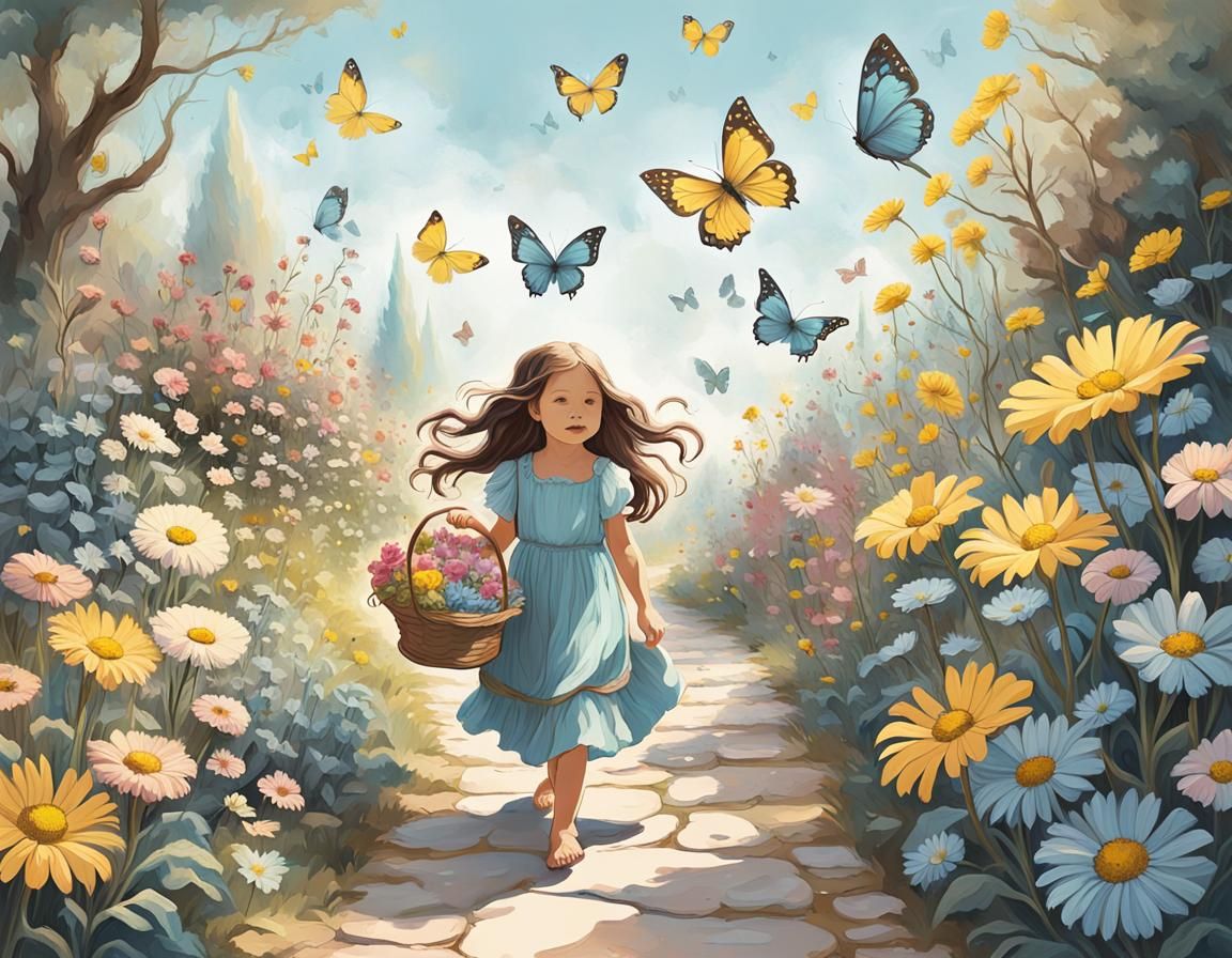 Toddler in Magical Flower Garden: Pop Art Style