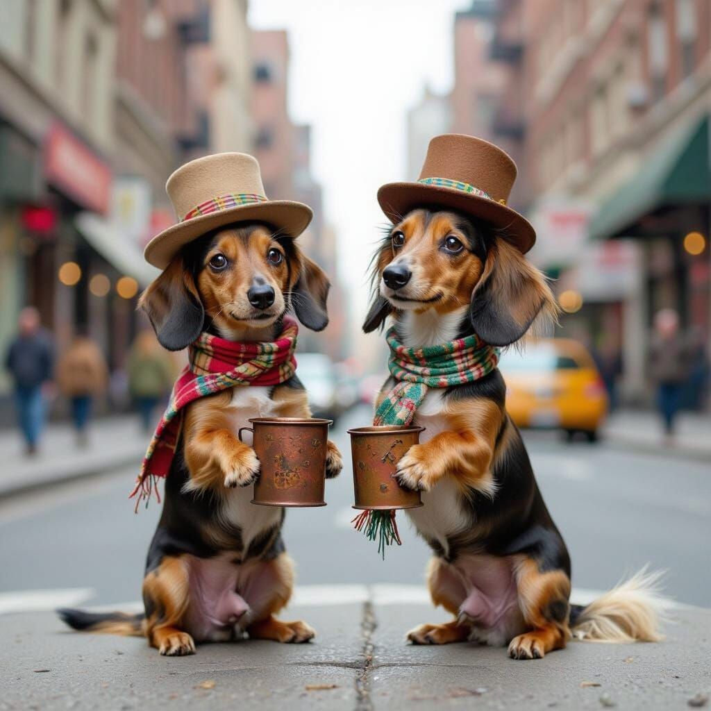 Dogs Begging on Street Corner, Whimsical Illustration