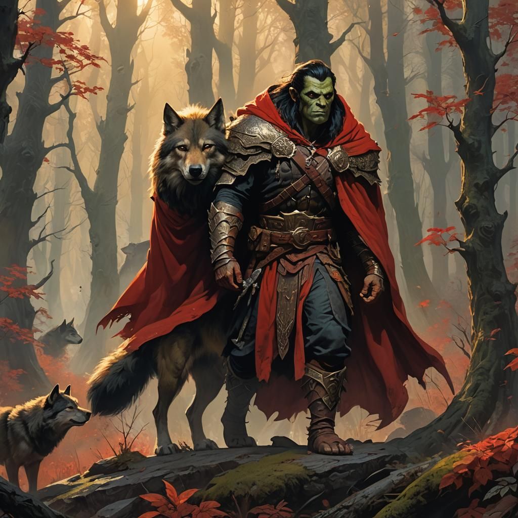Half-Orc Hero in Misty Forest, Frazetta Style