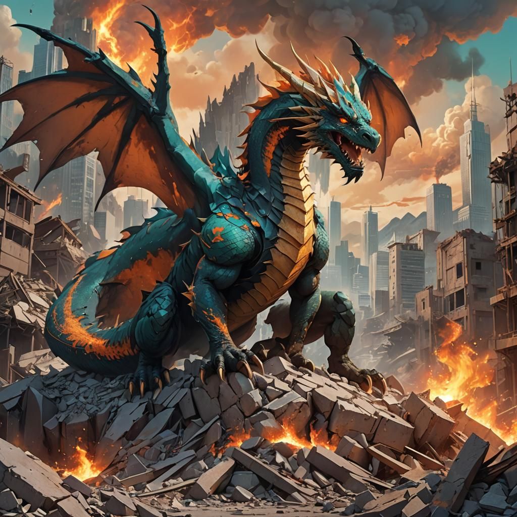 Dragon in Ruined Cityscape: Cinematic Anime Art
