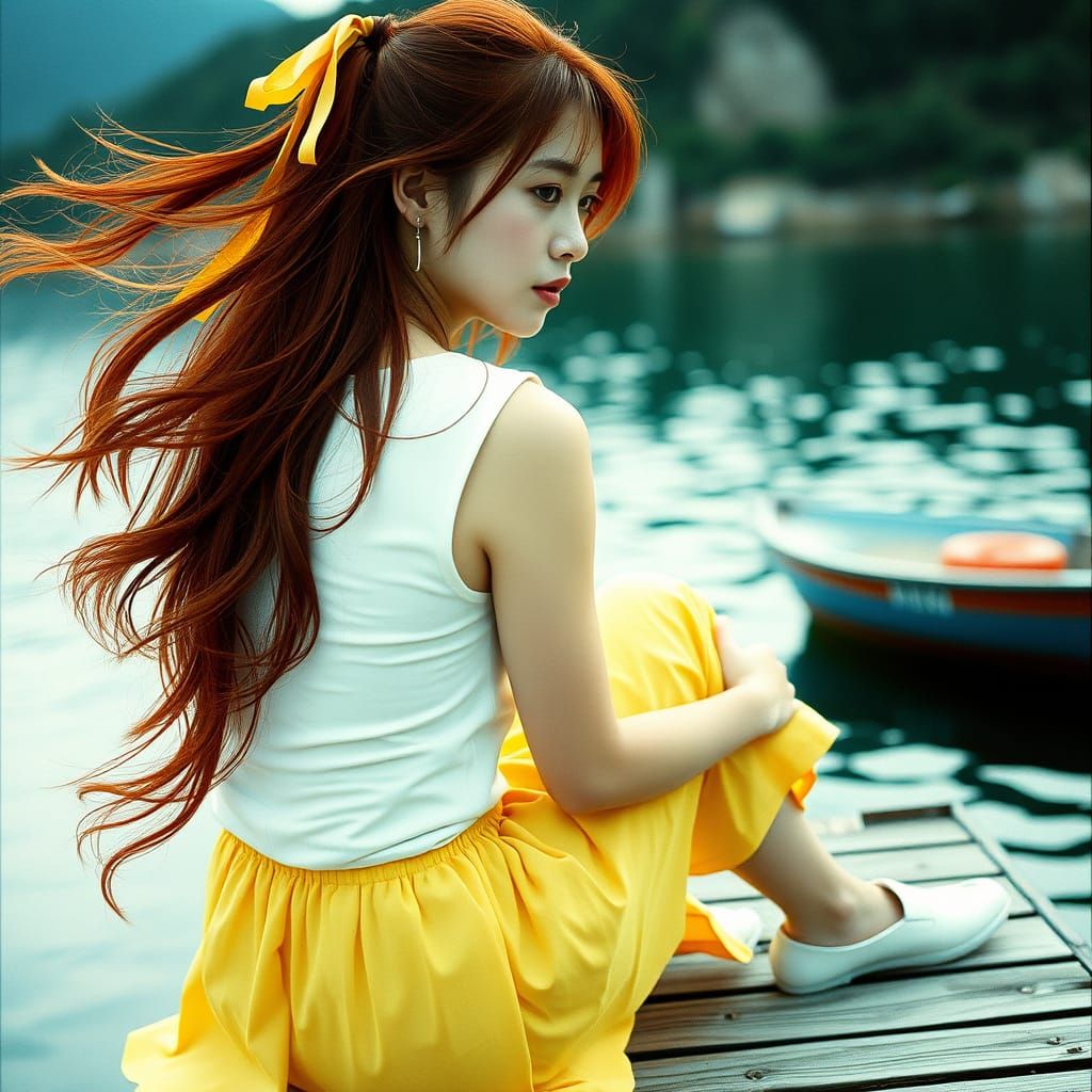 Melancholy Woman on Dock in Cinematic Film Still