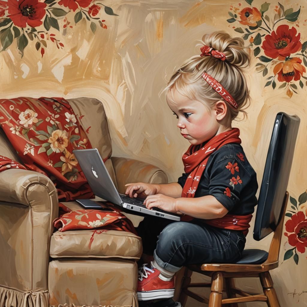 Toddler with Laptop: Whimsical Oil Painting in Warm Light