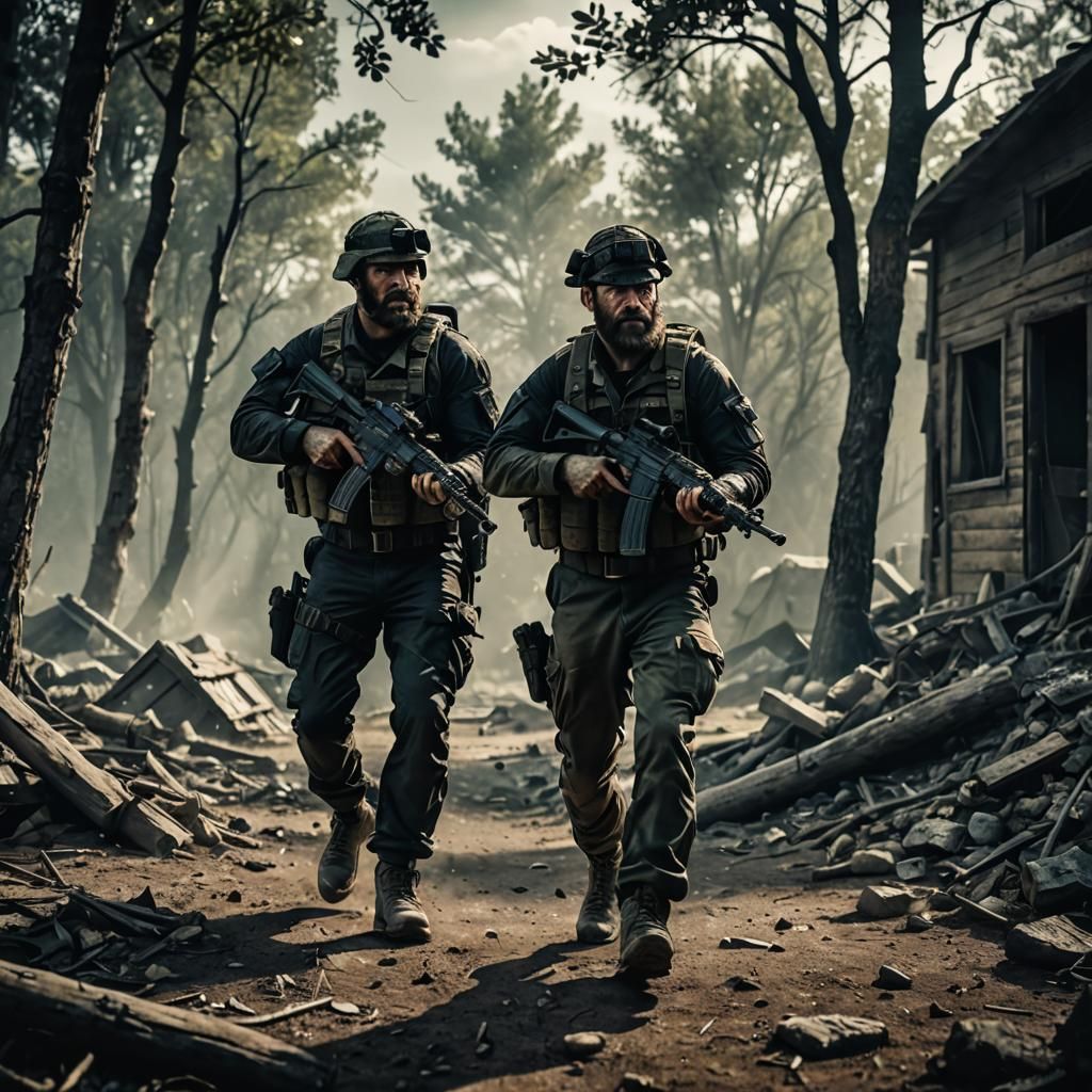 Soldiers Wearing Masks Under Fire: Cinematic Film Still