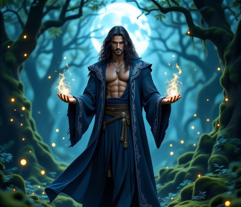 Enchanting Male Wizard Conjuring Magic in Mystical Forest