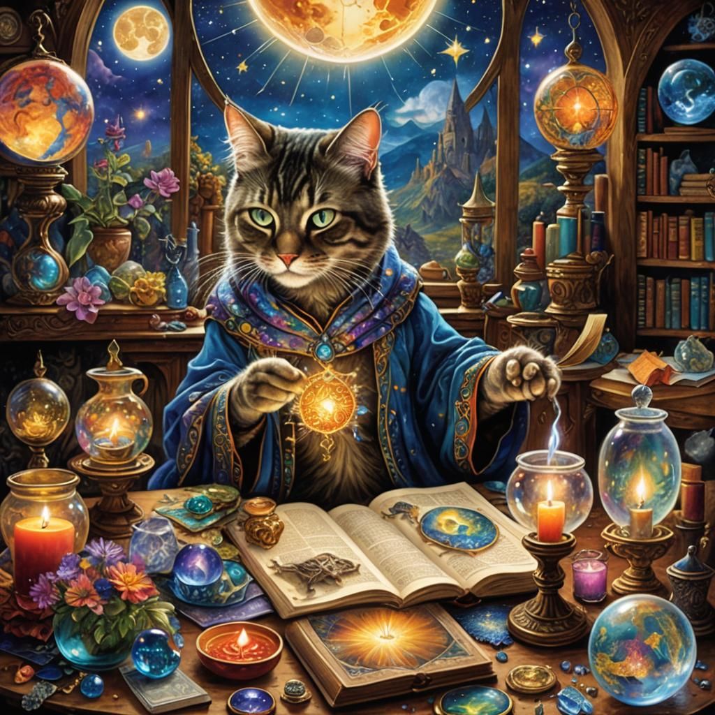 Cat Wizard Amidst Celestial Wonders, Digital Painting