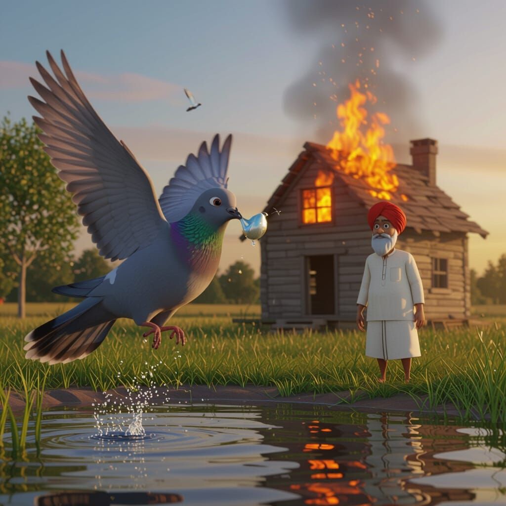 3D Cartoon Pigeon Flies Towards Burning House