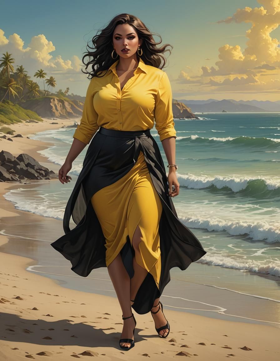 Curvy Woman on Beach in Comic Book Style