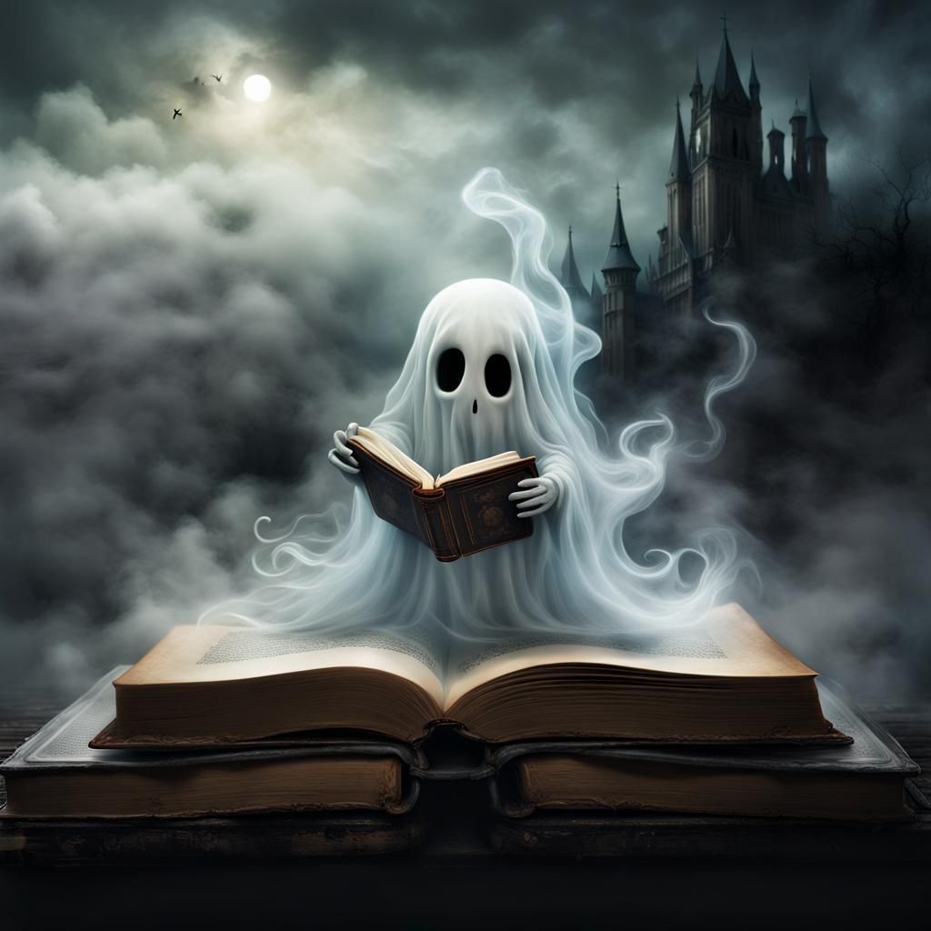Cute Ghost Emerges from Book in Spooky Scene