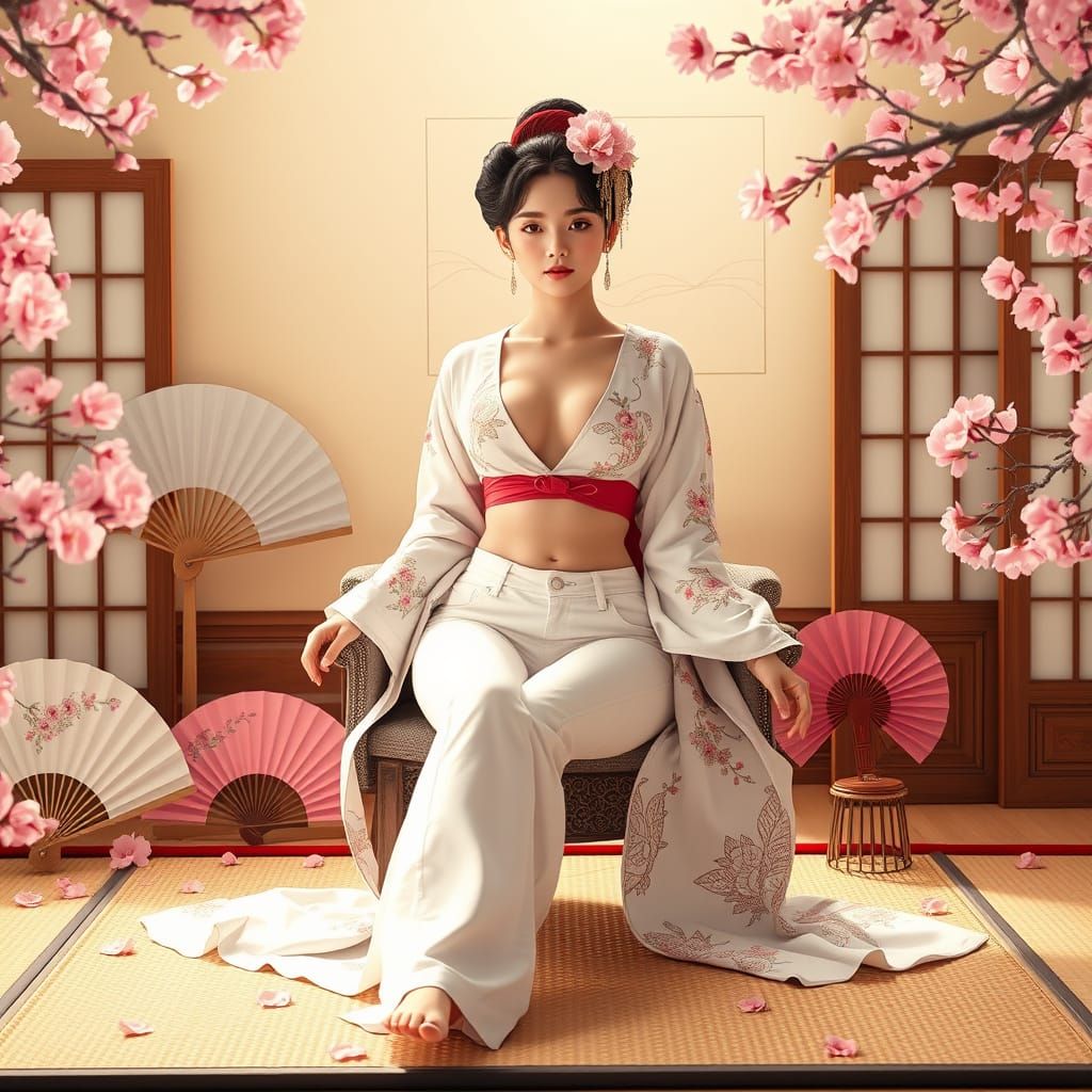 Geisha in Modern Attire Amidst Cherry Blossoms