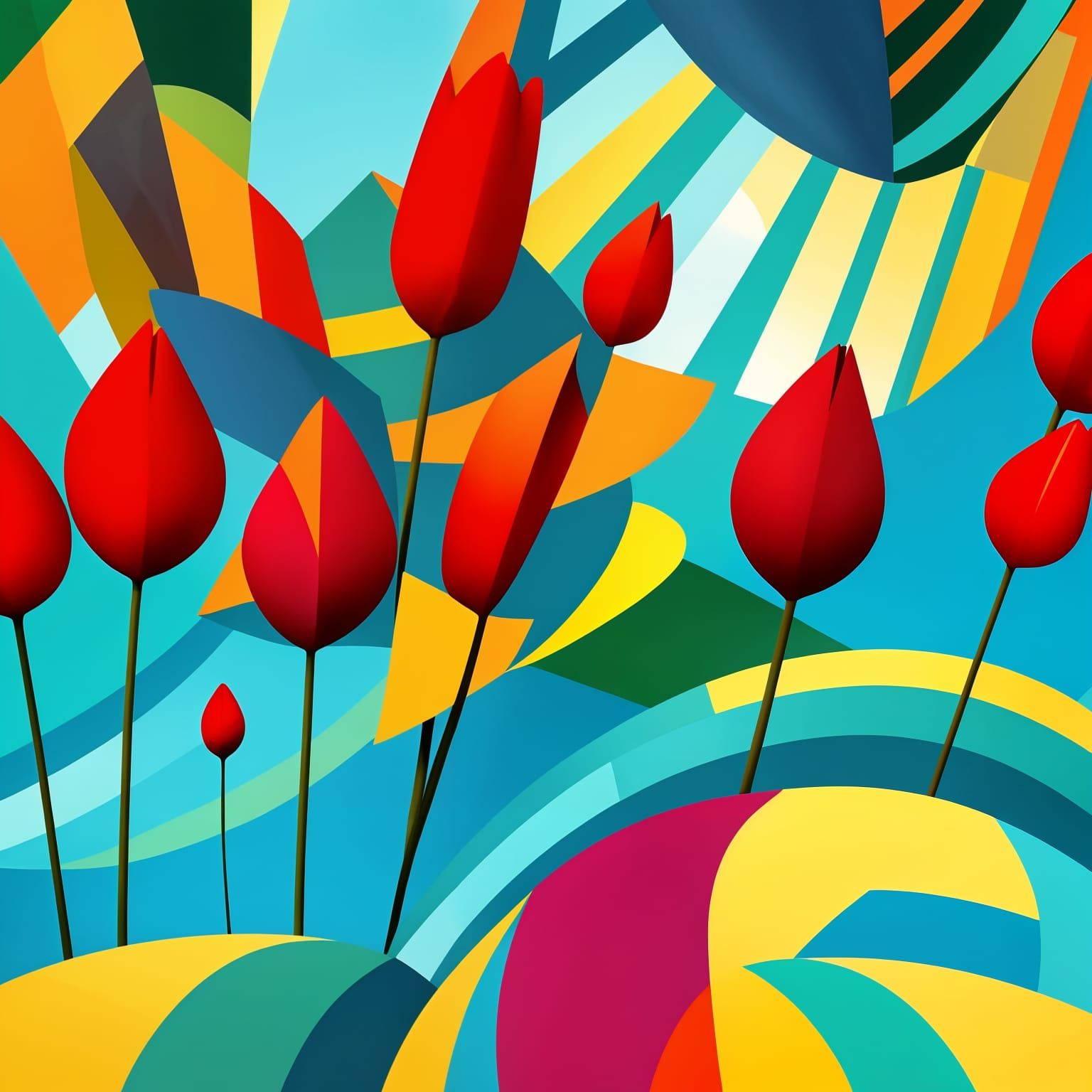 Tulip Field in Geometric Cubism Style